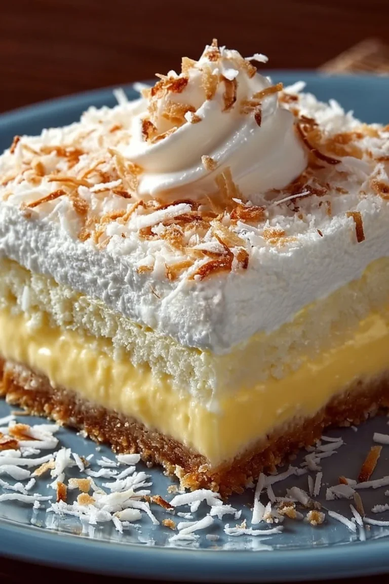 Delicious coconut cream layered dessert with whipped cream and coconut toppings