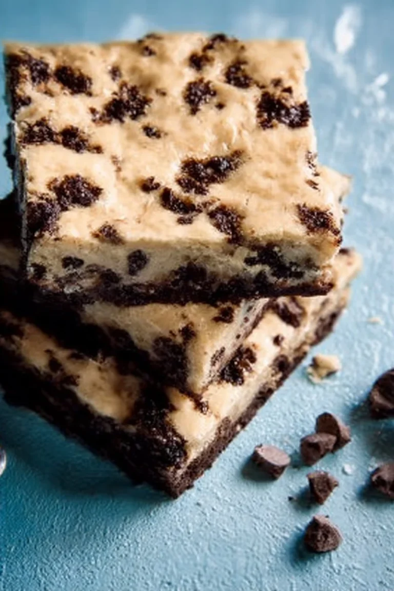 Delicious cookie dough brownies topped with cookie pieces and chocolate drizzle