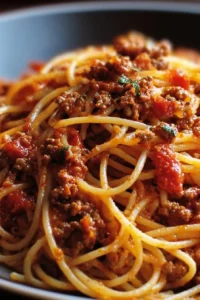 A delicious plate of Cowboy Spaghetti served with herbs and spices.