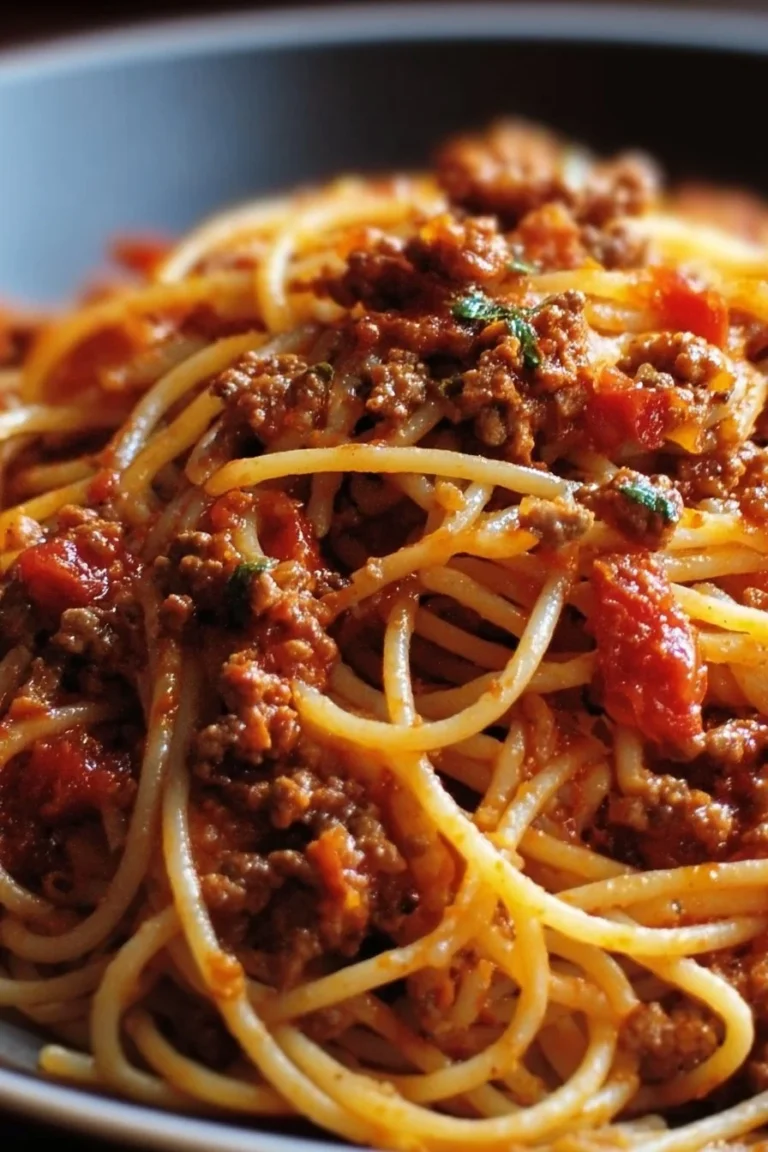 A delicious plate of Cowboy Spaghetti served with herbs and spices.