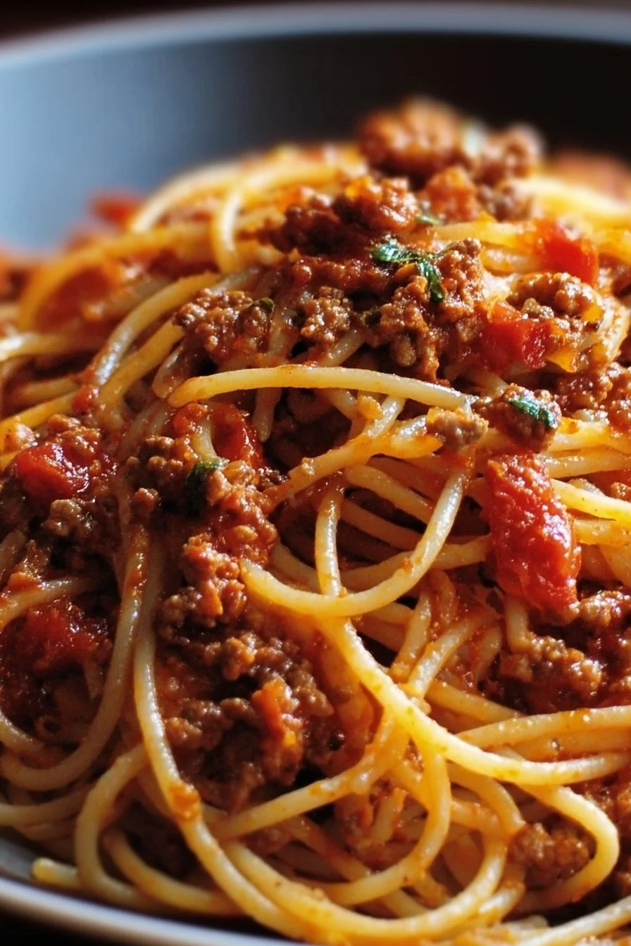 A delicious plate of Cowboy Spaghetti served with herbs and spices.