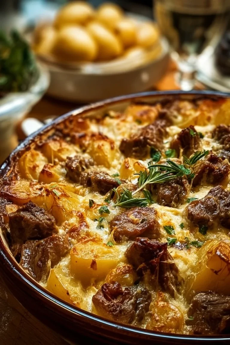 Delicious Cowboy Steak and Potato Casserole served in a rustic dish