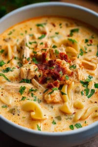 Bowl of creamy Cajun Chicken Pasta soup with herbs and spices
