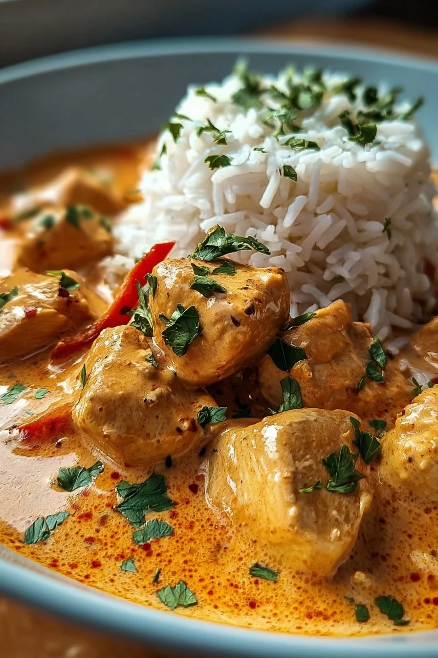 Creamy paprika chicken with tender rice in a velvety sauce