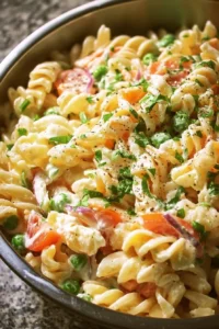Delicious creamy pasta salad in a bowl with fresh vegetables