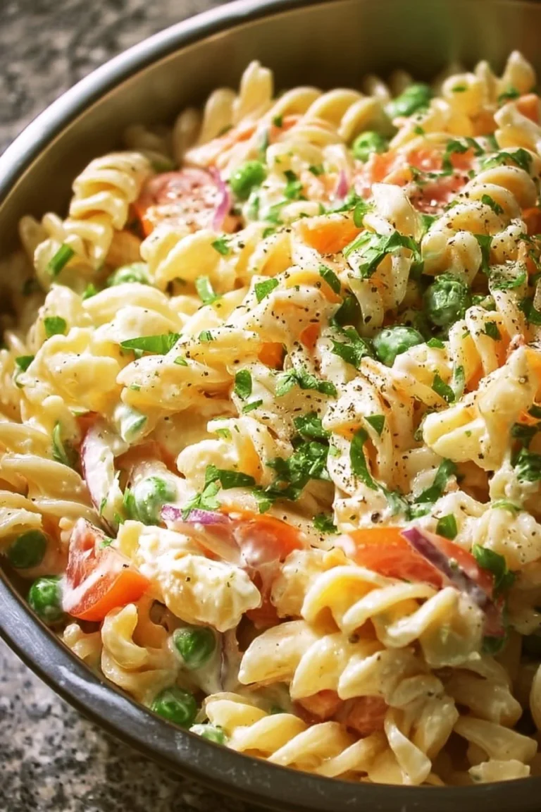 Delicious creamy pasta salad in a bowl with fresh vegetables