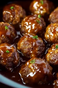 Creamy slow cooker Salisbury steak meatballs served with mashed potatoes.
