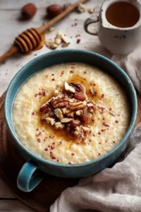 A bowl of creamy vanilla millet porridge garnished with fruits and nuts