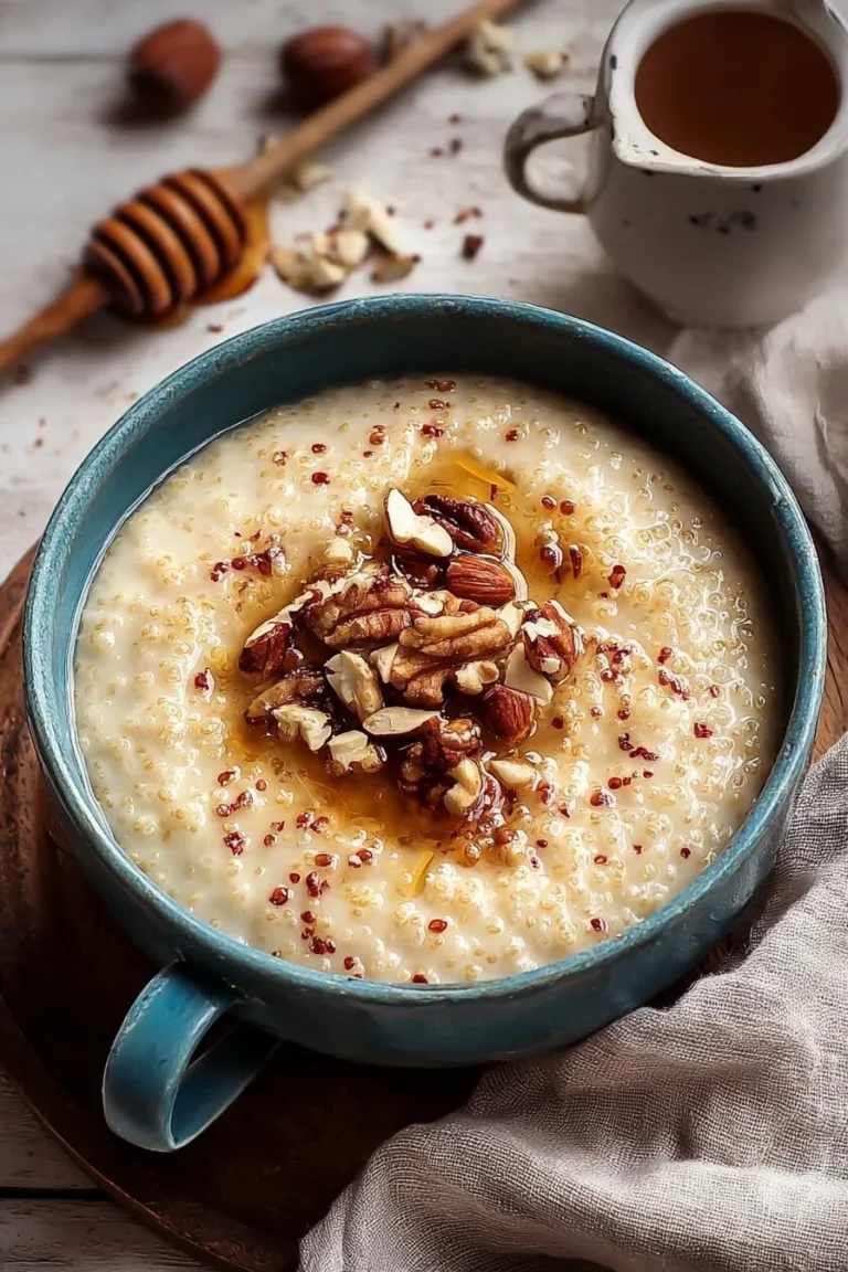 A bowl of creamy vanilla millet porridge garnished with fruits and nuts