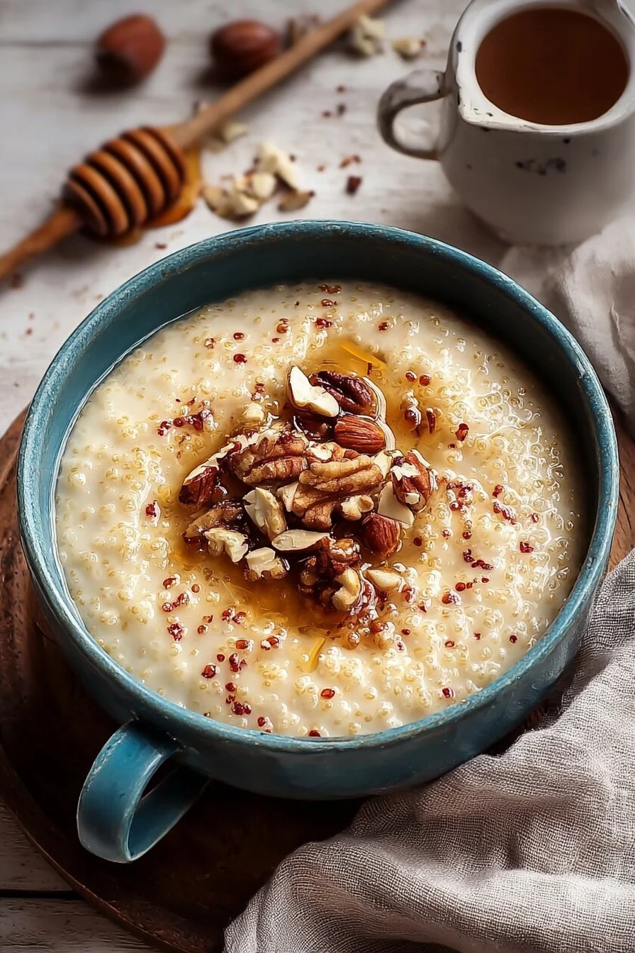 A bowl of creamy vanilla millet porridge garnished with fruits and nuts