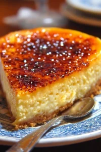 Slice of decadent Crème Brûlée Cheesecake with caramelized sugar topping on a plate