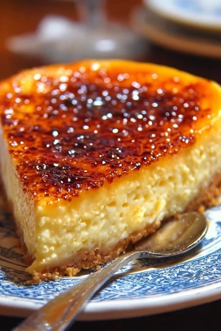 Slice of decadent Crème Brûlée Cheesecake with caramelized sugar topping on a plate