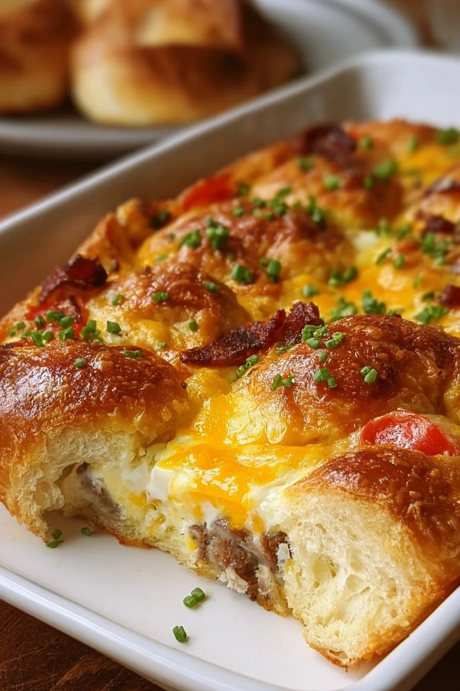 Delicious Crescent Roll Breakfast Casserole topped with cheese and herbs.