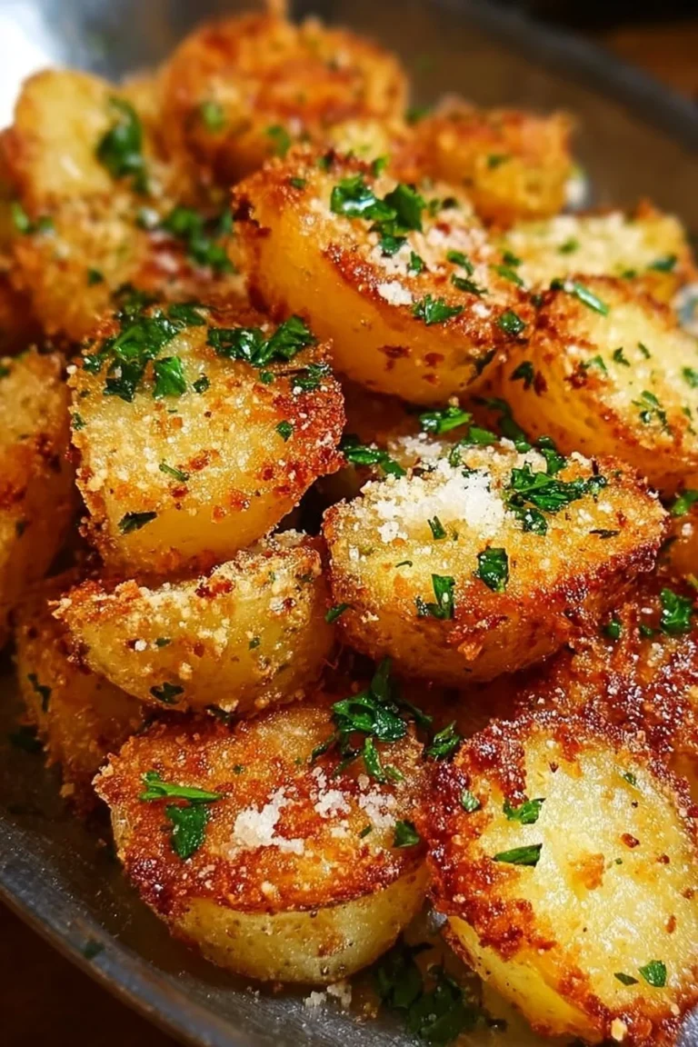 Crispy garlic parmesan crusted potatoes on a plate garnished with parsley