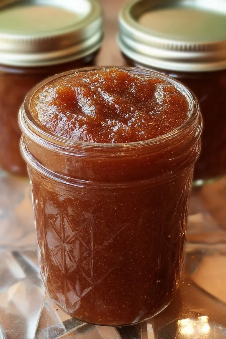 Crock Pot apple butter in jars ready for canning