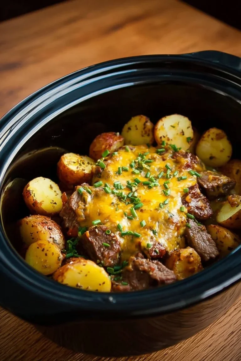 Crockpot Loaded Steak and Potato Bake with melted cheese and crispy toppings
