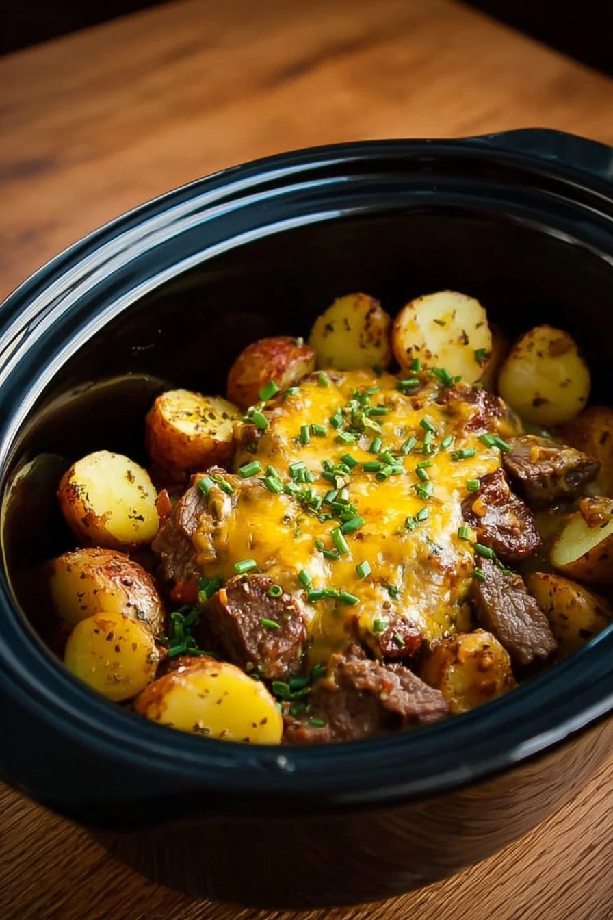 Crockpot Loaded Steak and Potato Bake with melted cheese and crispy toppings