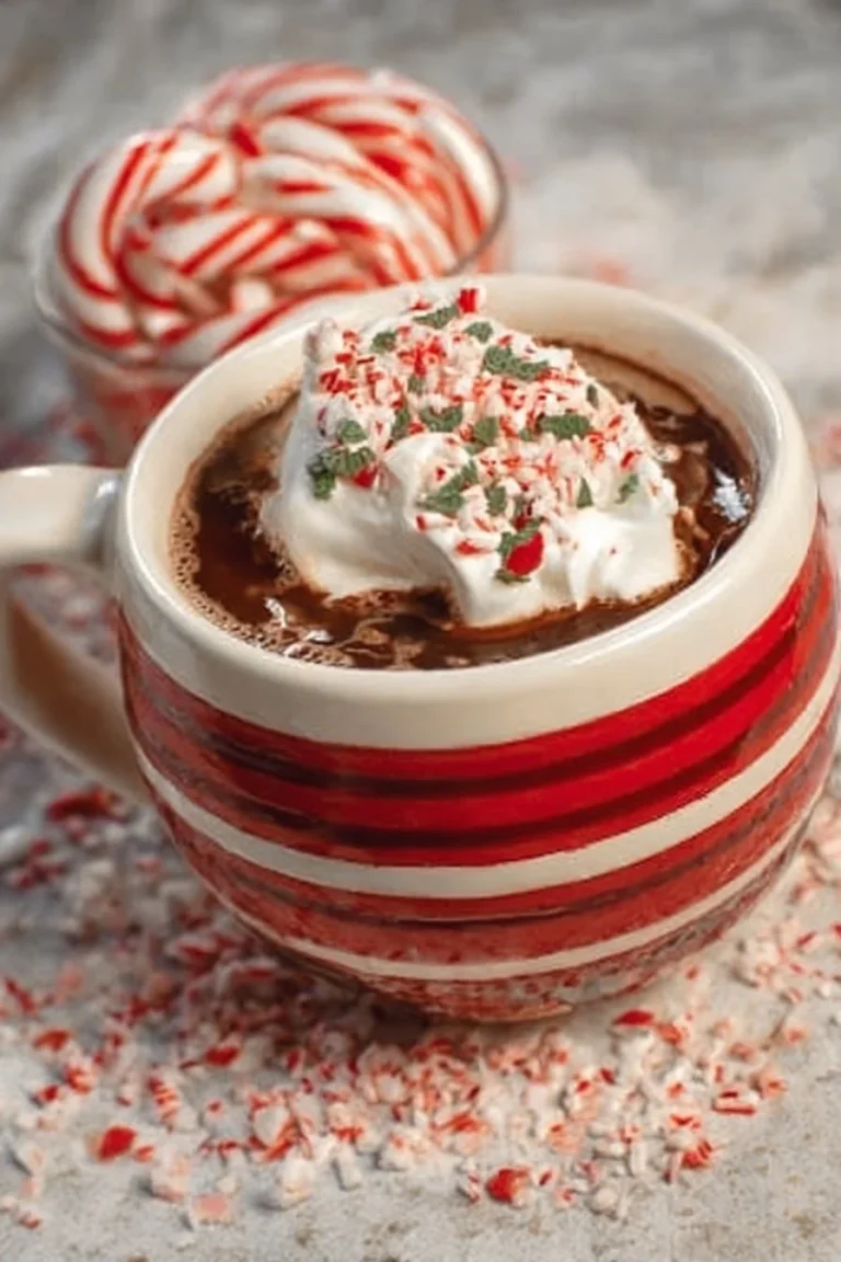 A steaming cup of crockpot peppermint hot chocolate topped with whipped cream.