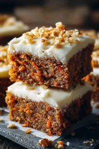 Delicious carrot cake bars topped with cream cheese frosting on a plate