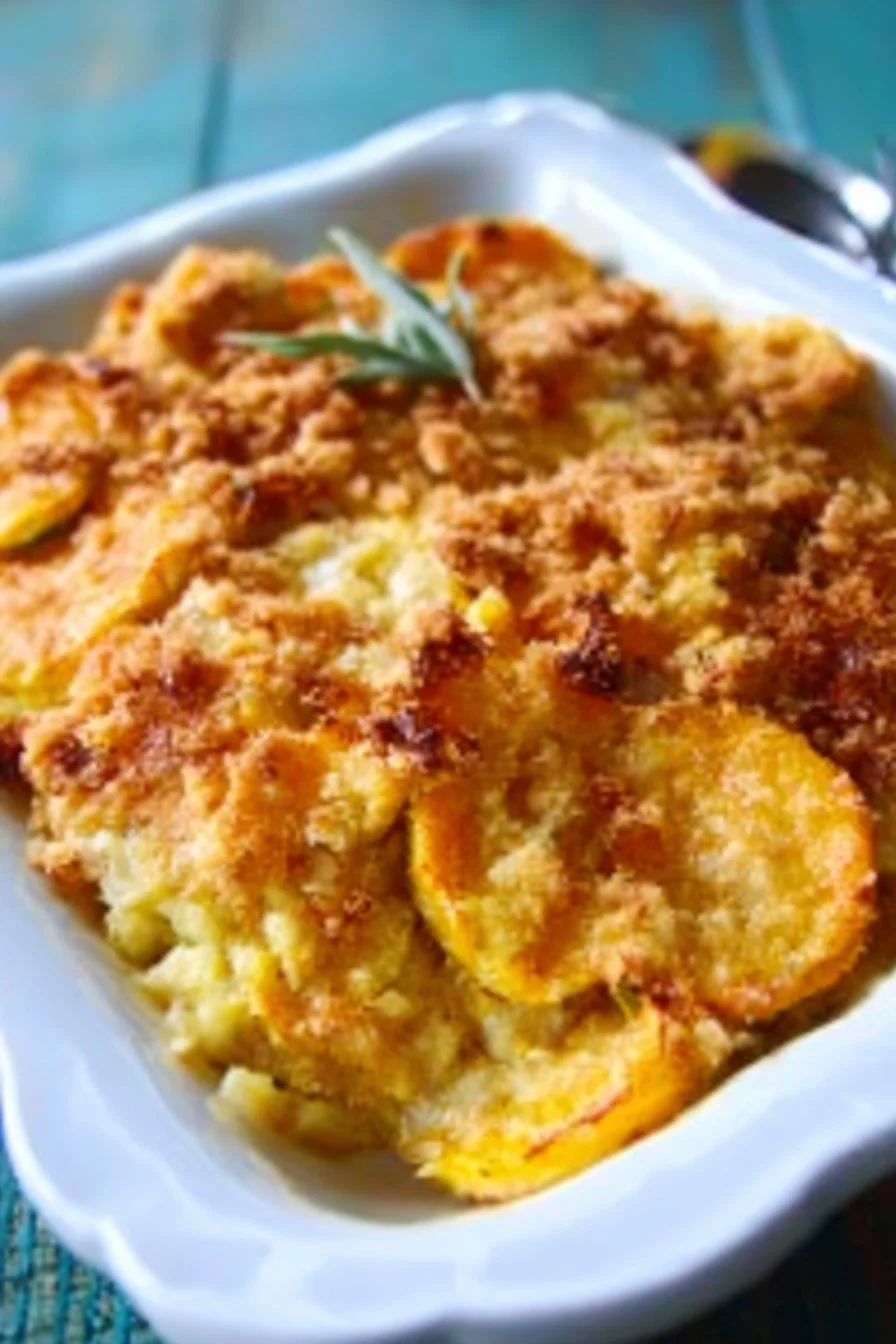 Delicious Southern Squash Casserole with melted cheese and fresh vegetables