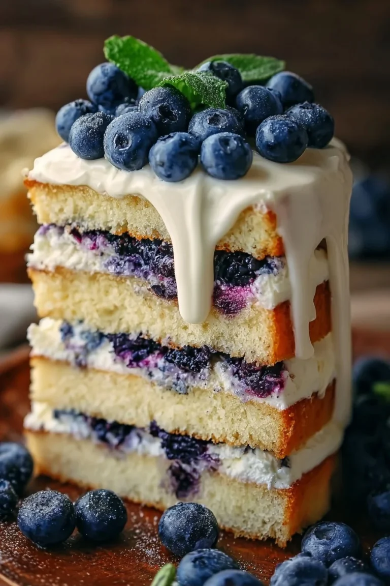 Dreamy blueberry shortcake cake topped with fresh blueberries and whipped cream.