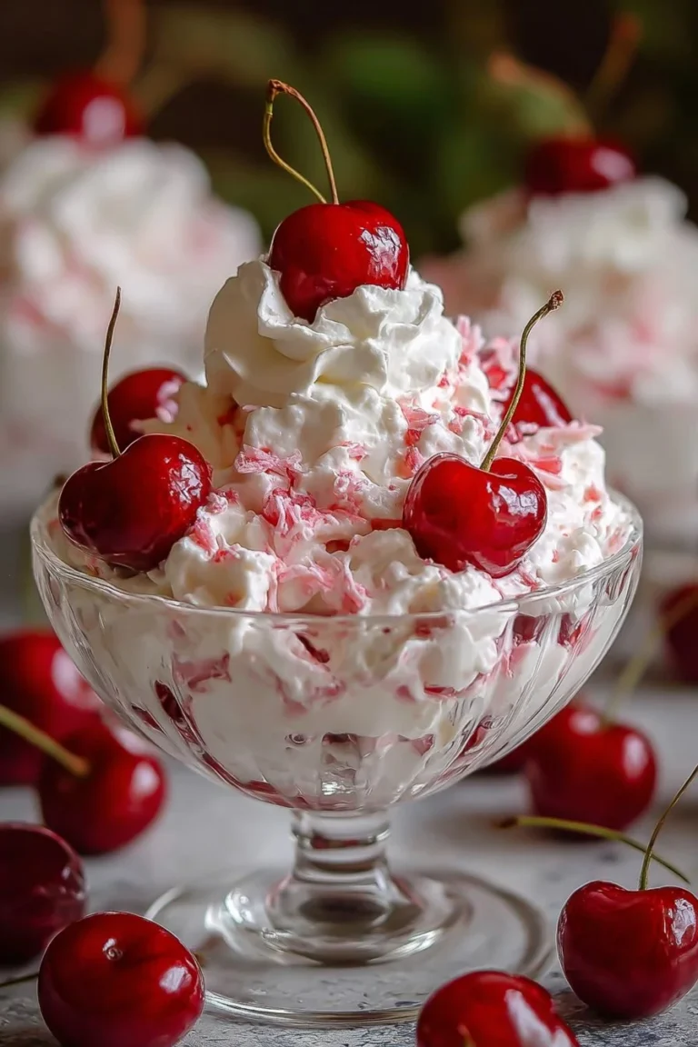 Delicious cherry cheesecake fluff served in a dessert bowl with cherry topping