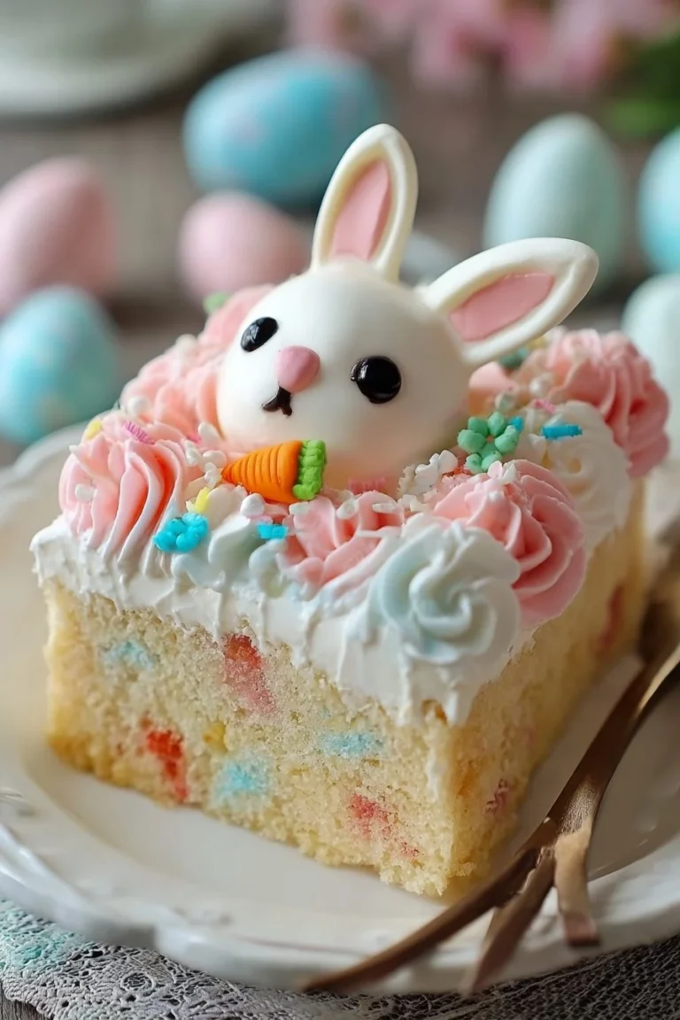 Delicious Easter Bunny Poke Cake decorated for Easter celebrations
