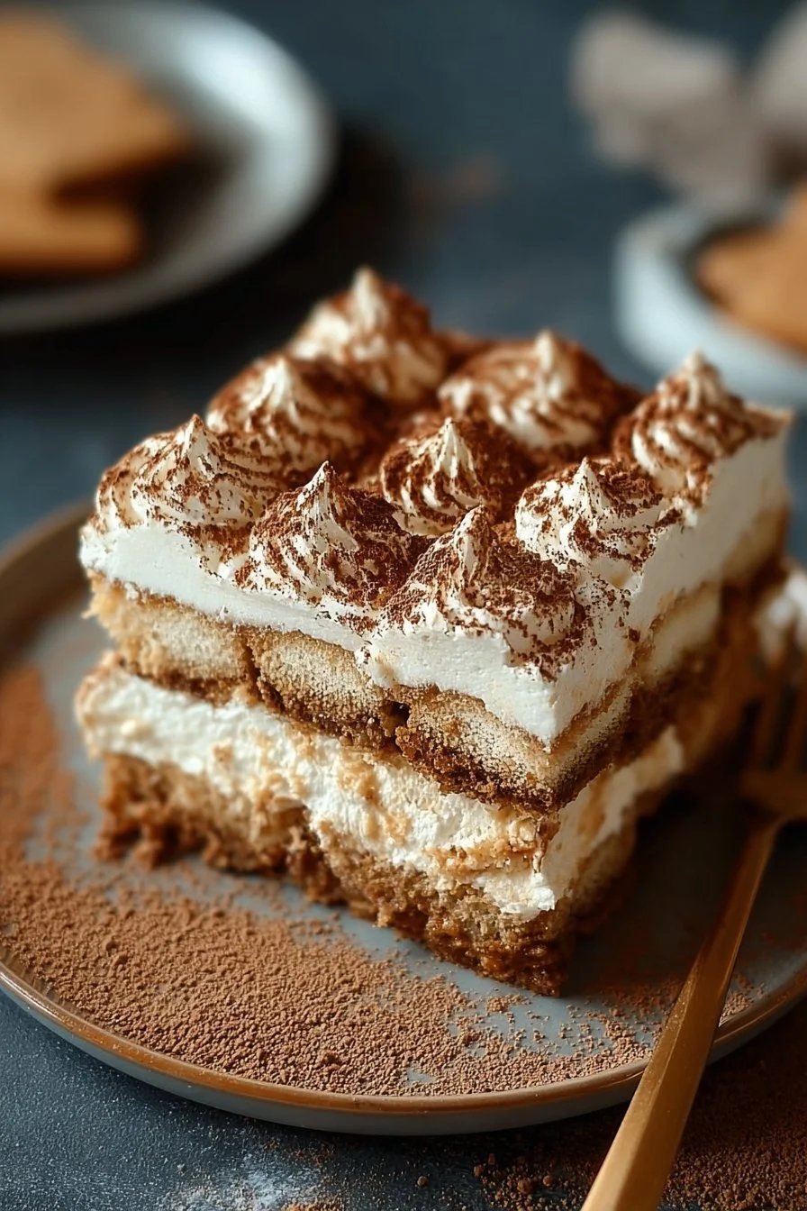Delicious easy Biscoff tiramisu dessert served in a dish.