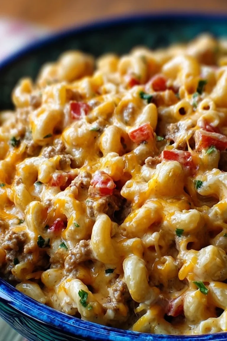 Easy Creamy Taco Mac served in a bowl, topped with cheese and parsley.