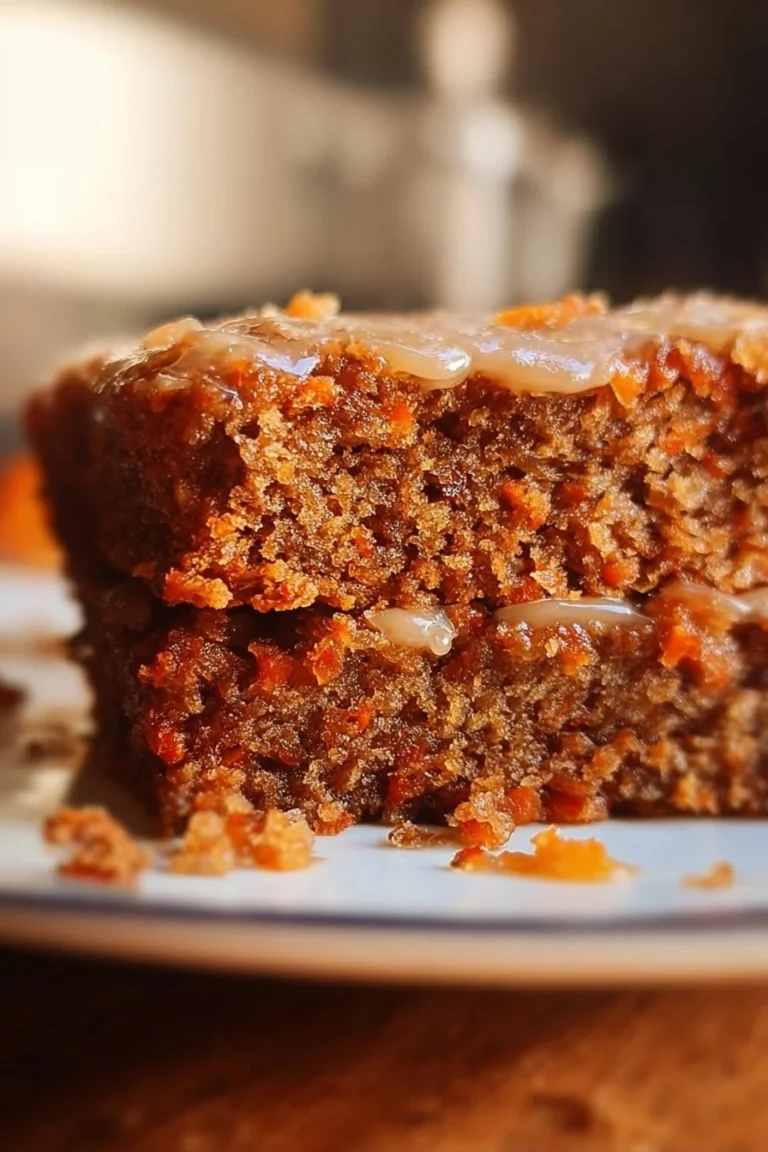 Slice of easy flourless oatmeal carrot cake with grated carrots and oats