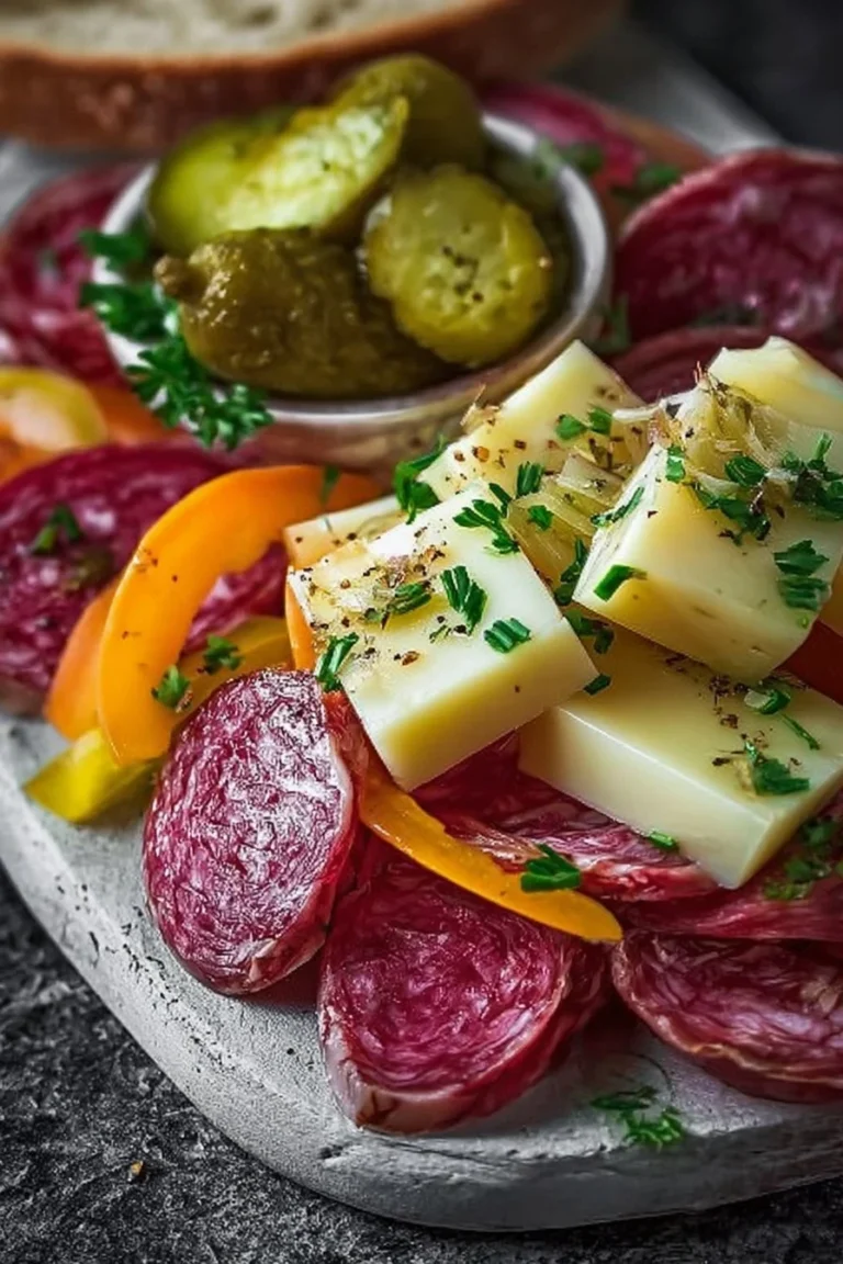 Easy marinated cheese appetizer with salami and pickles