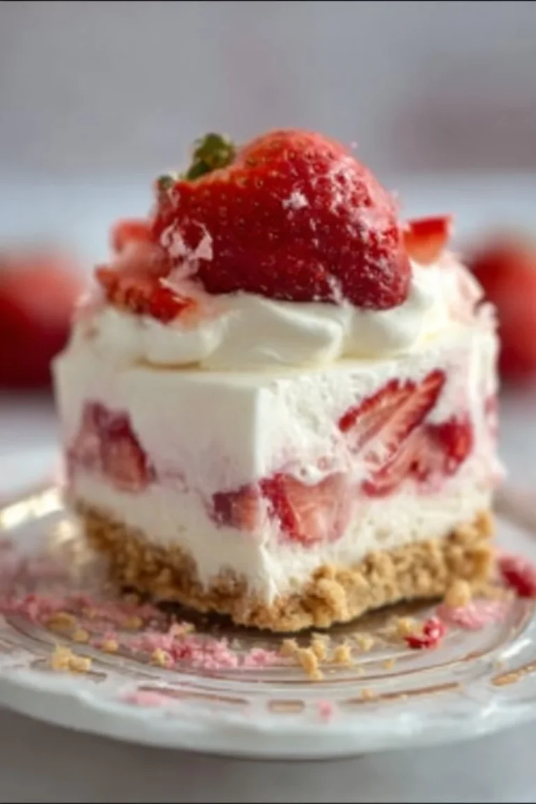 Easy no-bake strawberry delight dessert with fresh strawberries and cream layers.
