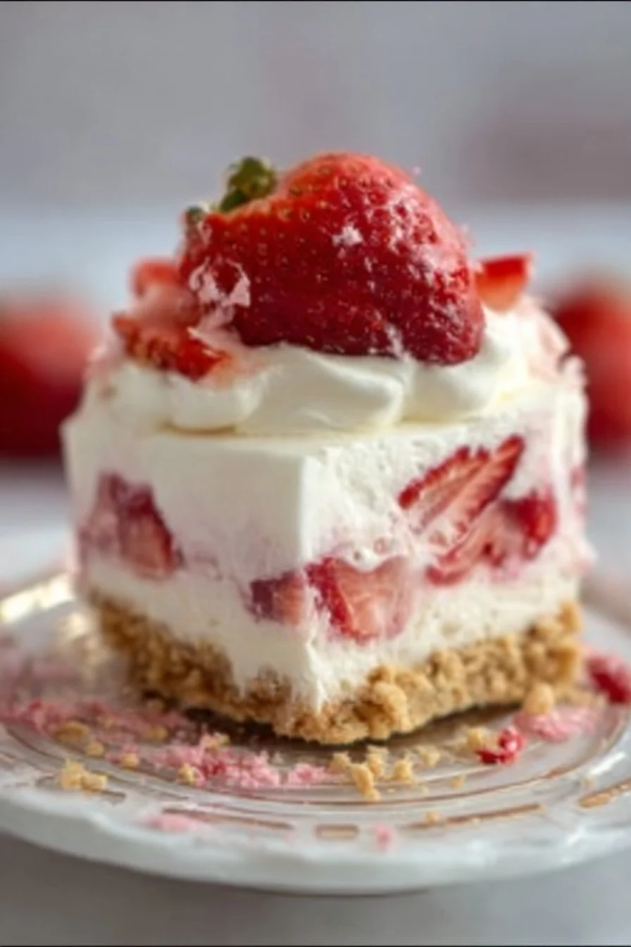 Easy no-bake strawberry delight dessert with fresh strawberries and cream layers.