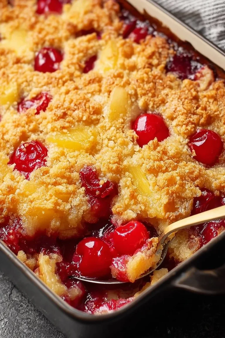Delicious easy pineapple cherry dump cake with a golden topping and fruit