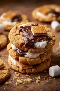 Easy S’mores Cookies featuring chocolate and marshmallows on a graham cracker base.