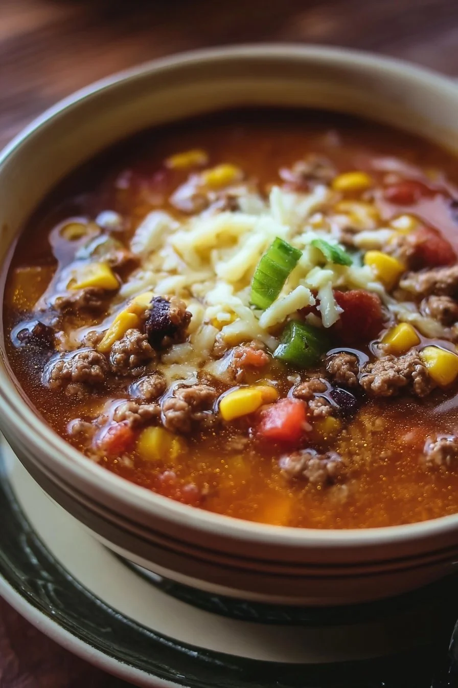 Bowl of easy taco soup topped with cheese and cilantro