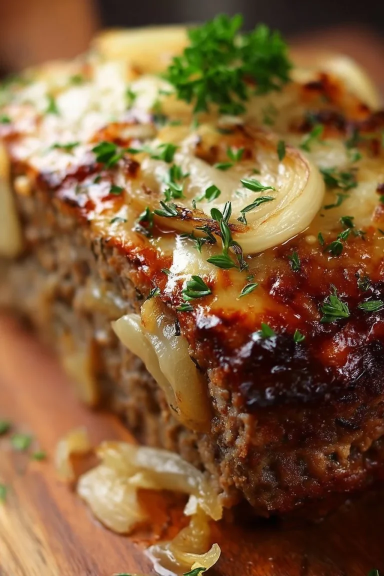 Delicious French Onion Meatloaf topped with caramelized onions and cheese