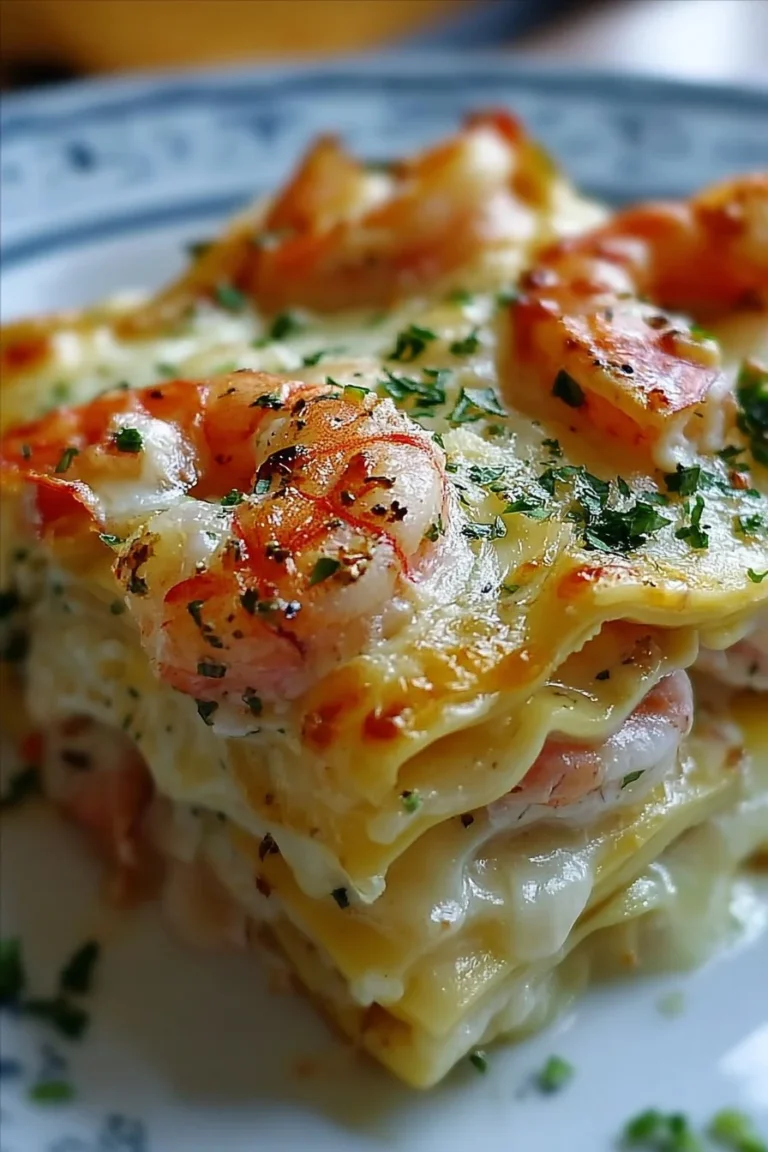 Garlic butter shrimp scampi lasagna served in a white dish with parsley garnish.