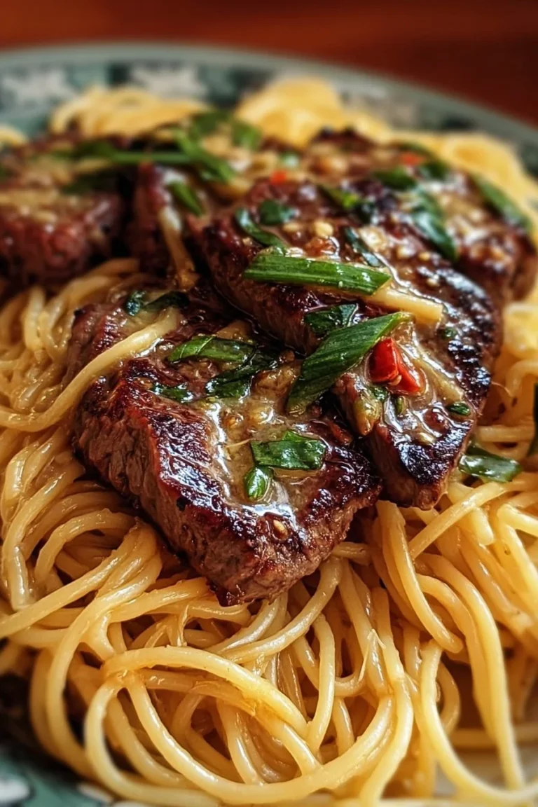 Delicious garlic butter steak served over lightning noodles