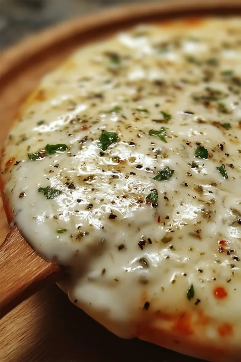 Garlic sauce drizzled on freshly baked pizza slice
