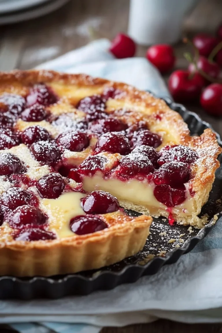 Delicious German Cherry Cake topped with custard and fresh cherries