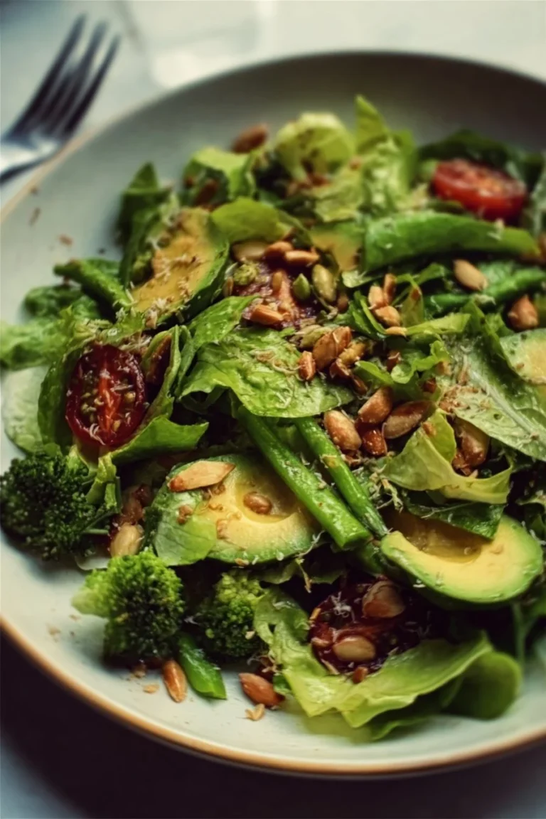 Colorful green vegan salad with fresh vegetables and dressing