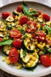 Grilled Zucchini Salad with corn and tomatoes, healthy summer dish