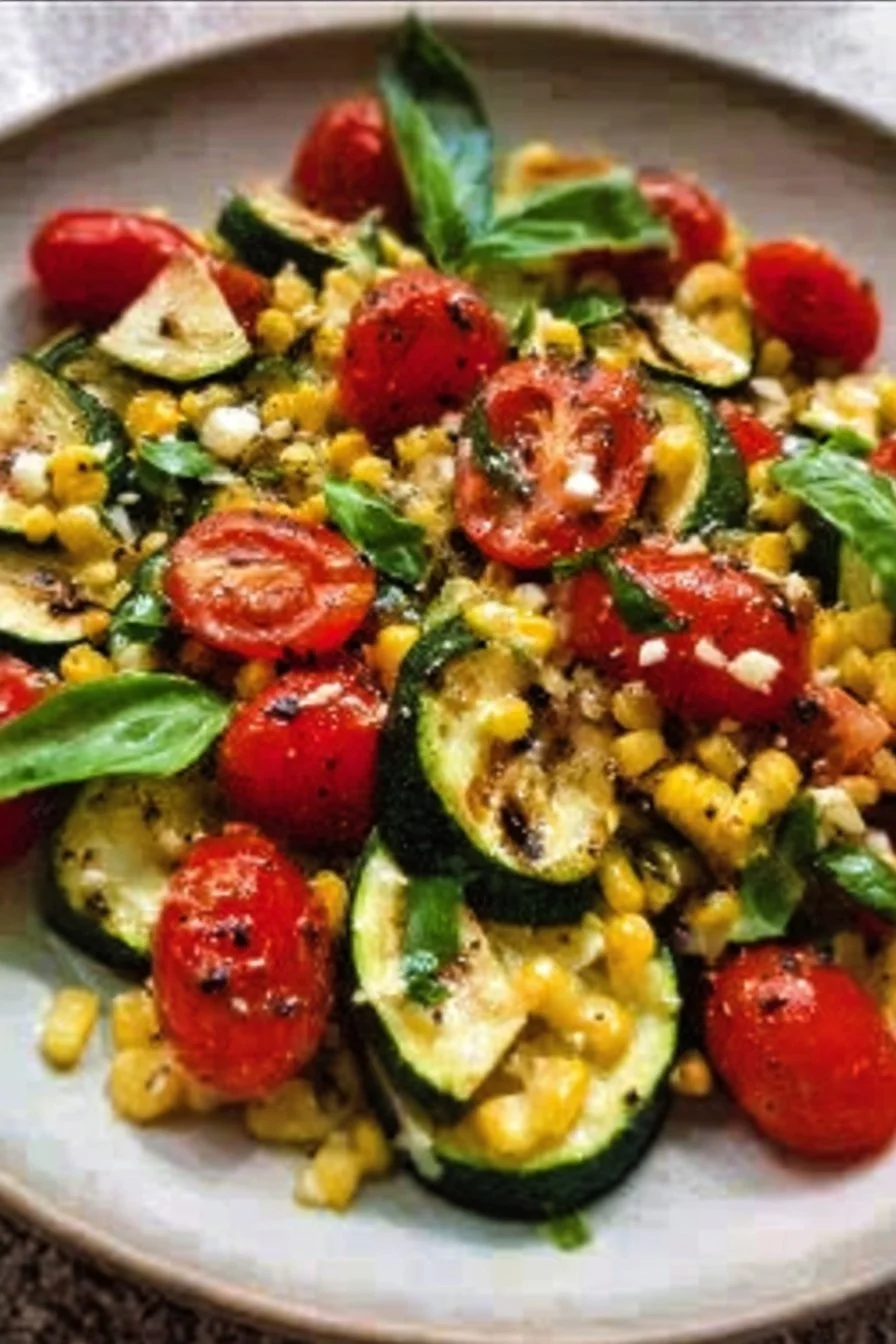 Grilled Zucchini Salad with corn and tomatoes, healthy summer dish