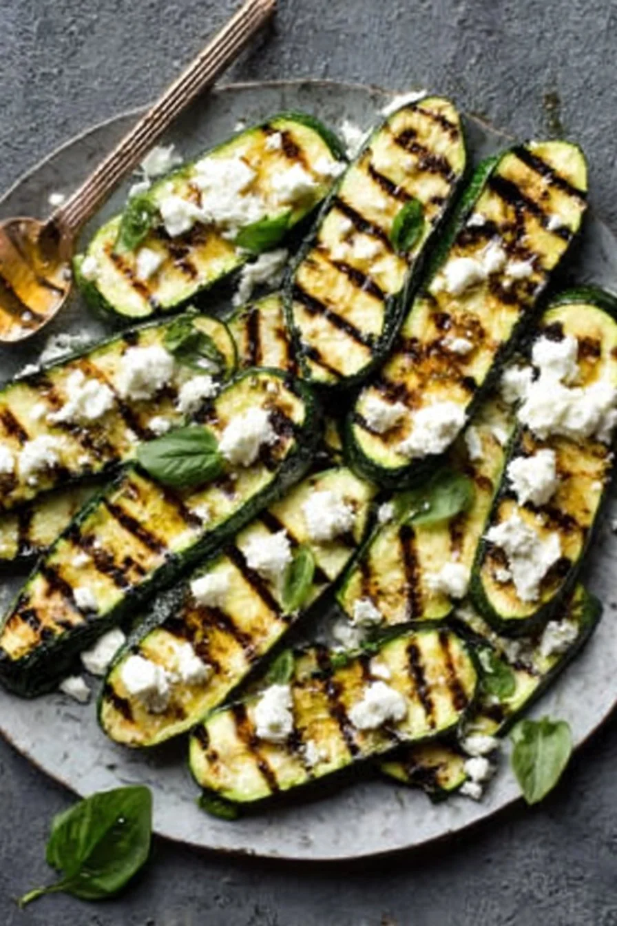 Grilled zucchini with goat cheese, basil, and honey on a serving plate