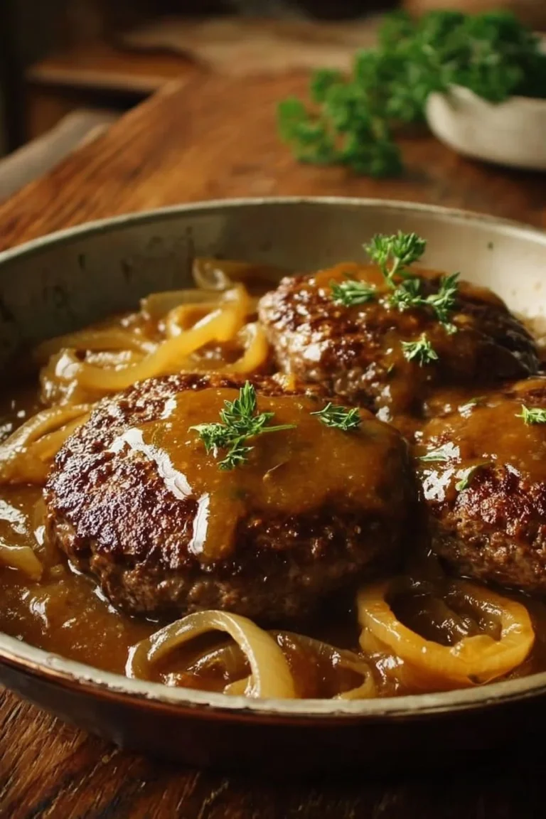 Delicious hamburger steaks served with savory onion gravy