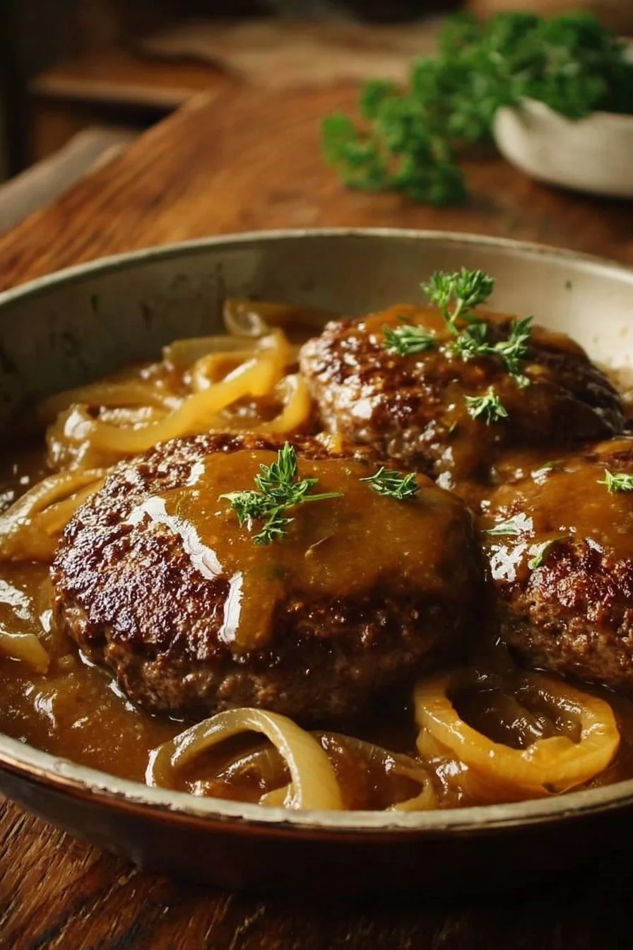 Delicious hamburger steaks served with savory onion gravy