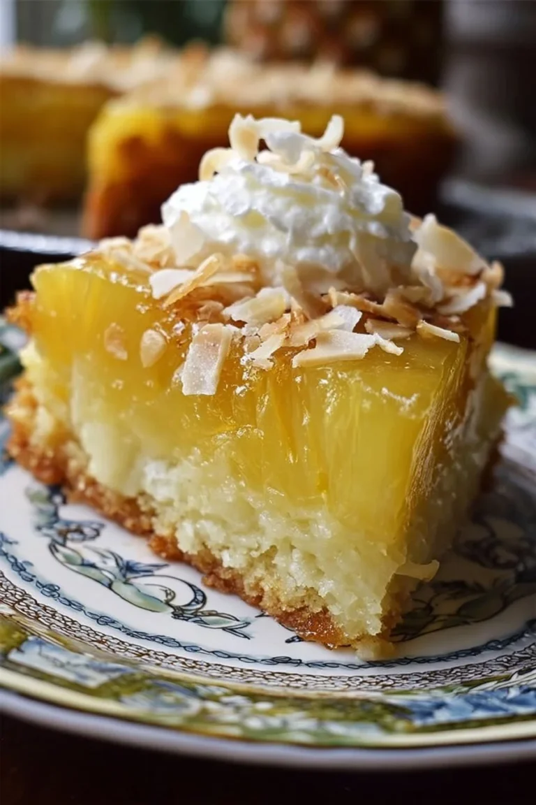 Delicious Hawaiian Pineapple Cake topped with fresh pineapple and whipped cream.