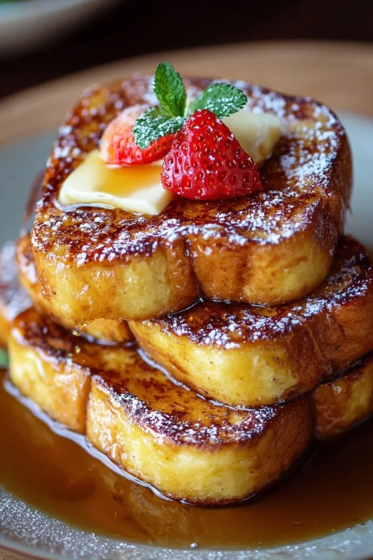 Delicious Hawaiian Roll French Toast topped with fresh fruit and syrup