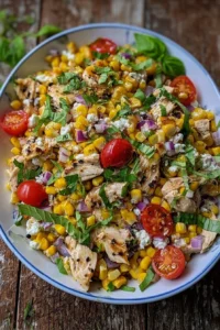 Healthy street corn-inspired chicken salad with vibrant ingredients.